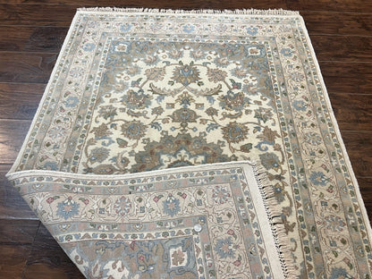 Indo Persian Rug 4x6, Floral Medallion, Beige, Handmade Wool Vintage Carpet 4 x 6 ft