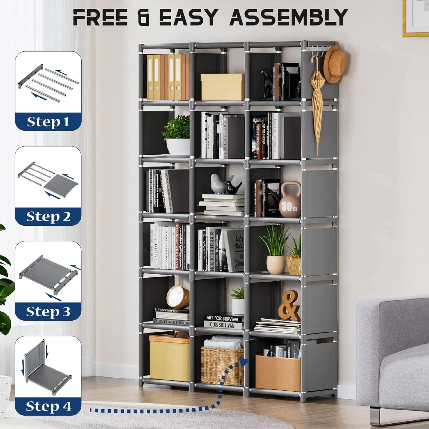 Grey 18 Cube Storage Organizer Tall Bookcase Shelf