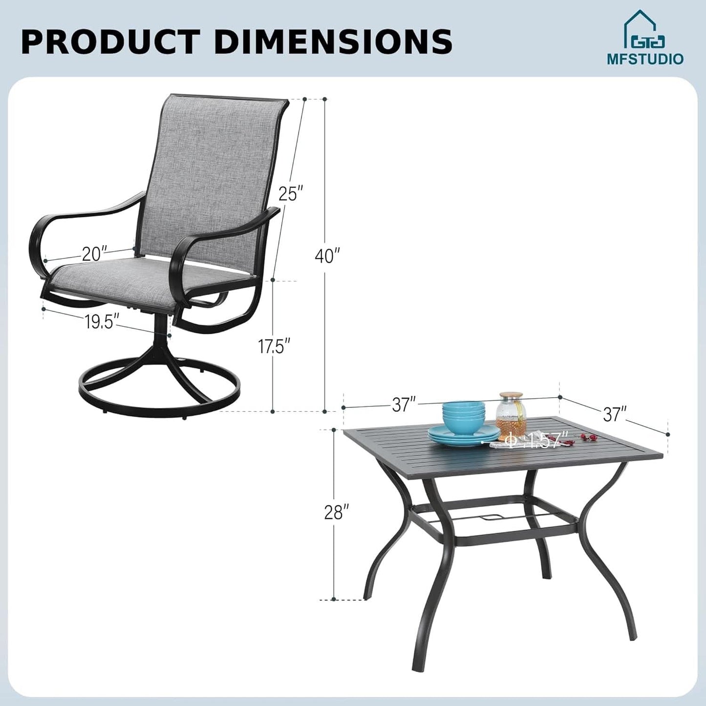 Patio Dining Set For 4 All Weather Furniture With Grey Sling Swivel Chairs