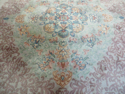 9' X 12' Vintage Handmade Chinese Carving Sculpture Wool Rug Flower Design Pink Carpet
