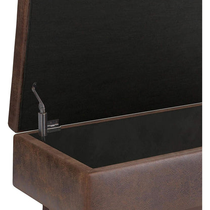 Mid Century Storage Ottoman 36W Chestnut Faux Leather