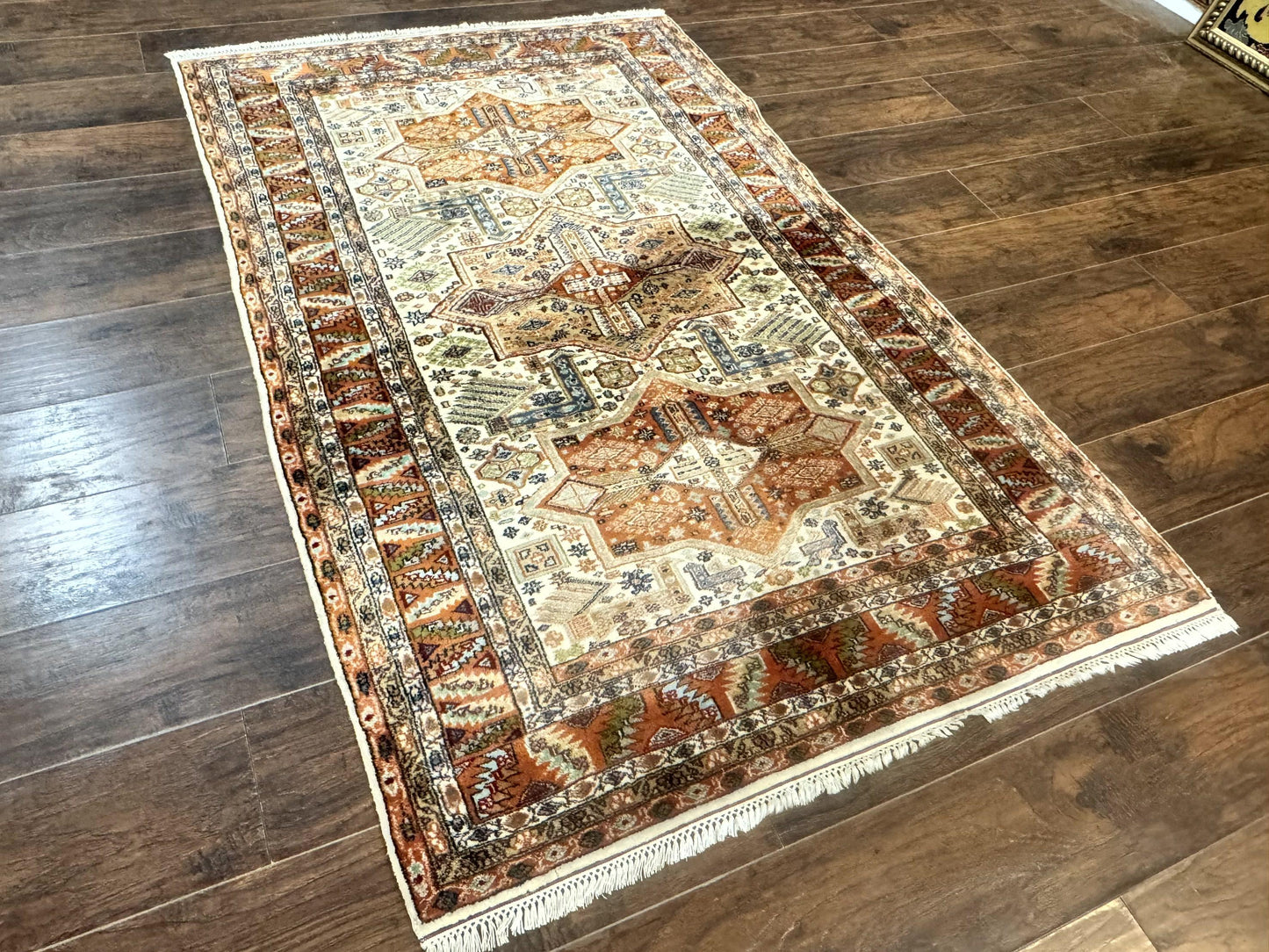 Turkish Kazak Rug 4x6, Geometric Medallions, Vintage Handmade Wool Carpet