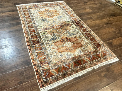 Turkish Kazak Rug 4x6, Geometric Medallions, Vintage Handmade Wool Carpet