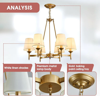 Gold Wagon Wheel Chandelier With White Linen Shade 6 Light