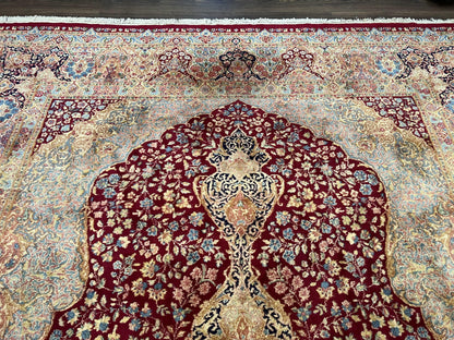 Persian Rug 9x12, Kirman DeLuxe, Millefleur Floral Medallion Carpet, Maroon Light Blue Beige, Semi Antique Authentic Hand Knotted Wool Rug