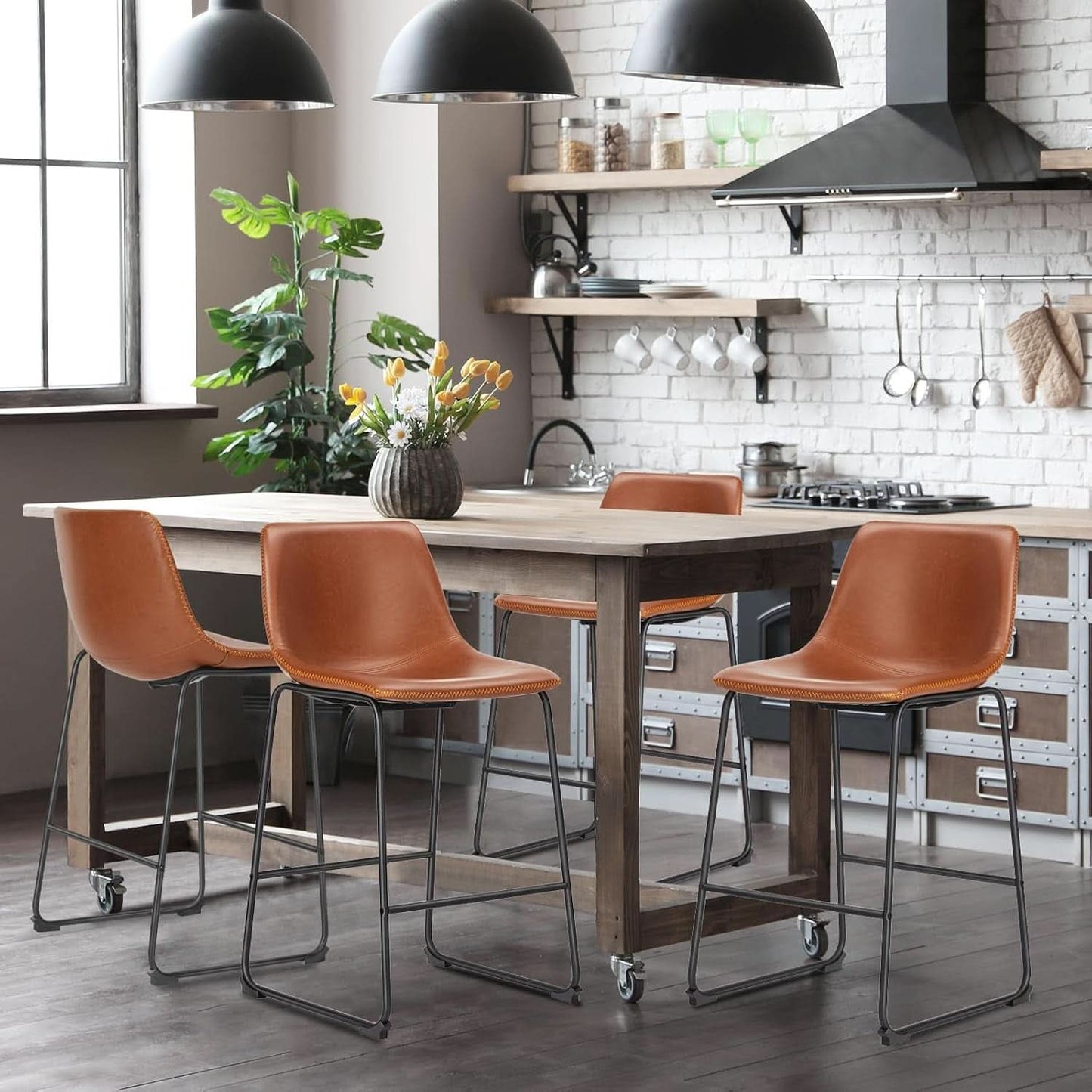 26 Inch Counter Height Bar Stools Set Of 4 With Back Brown Faux Leather And Metal Legs