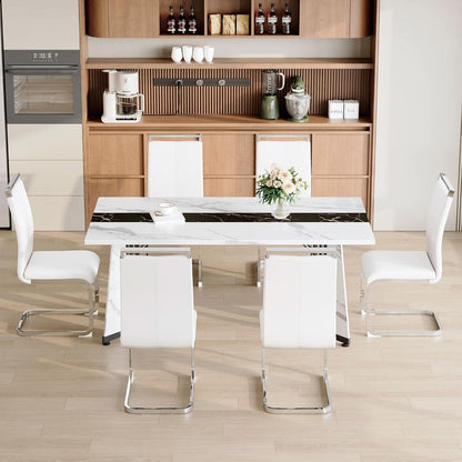 Dining Table Set For Six Seventy One Inch White Marble Top Leather Chairs