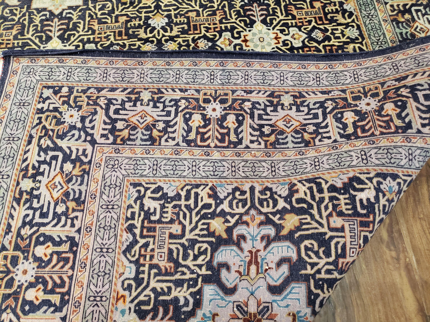 Semi-Antique Persian Kashan Rug, Midnight Blue & Ivory, Hand-Knotted, Wool, 4' 8" x 7' 4", Pair A