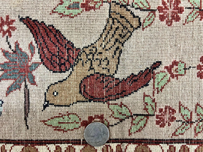 Indo Persian Pictorial Rug 4x7, Handmade Hand Knotted Wool Semi Antique Horizontal Carpet, Men & Women Drinking, Fine Rug, Bird Pictorials