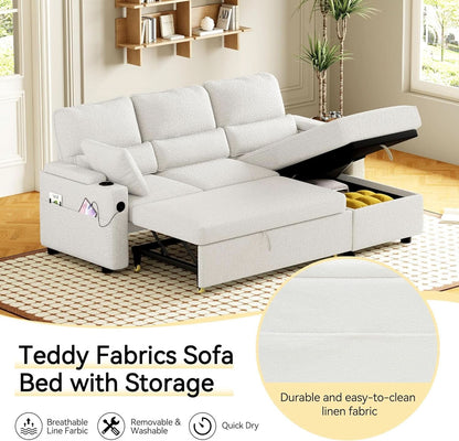 Pull Out Convertible Sofa Bed With Hidden Storage Teddy White