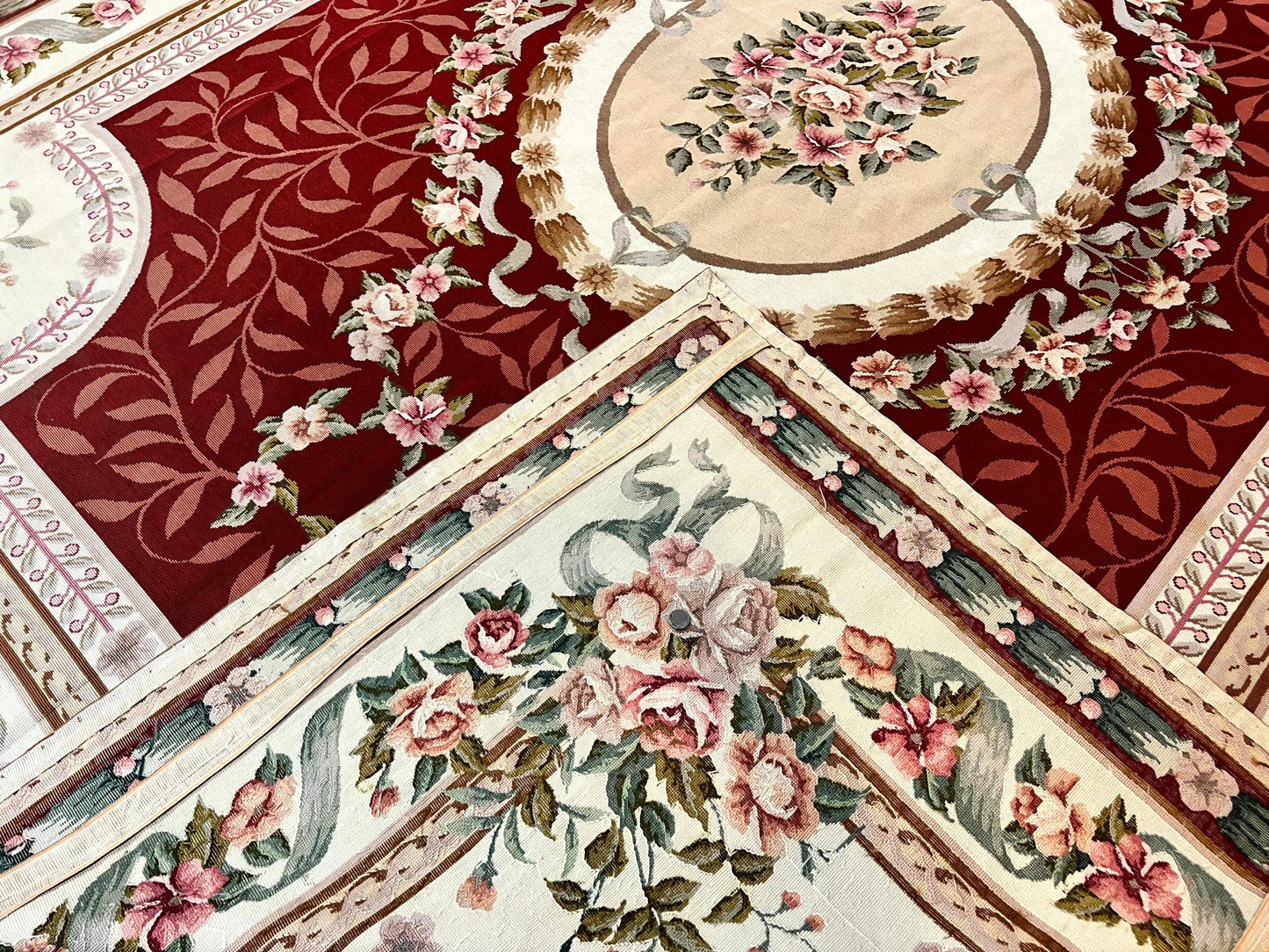 Wonderful Aubusson Rug 9x12, Handmade Vintage Needlepoint Carpet, Red and Ivory, Elegant European Design, Wool