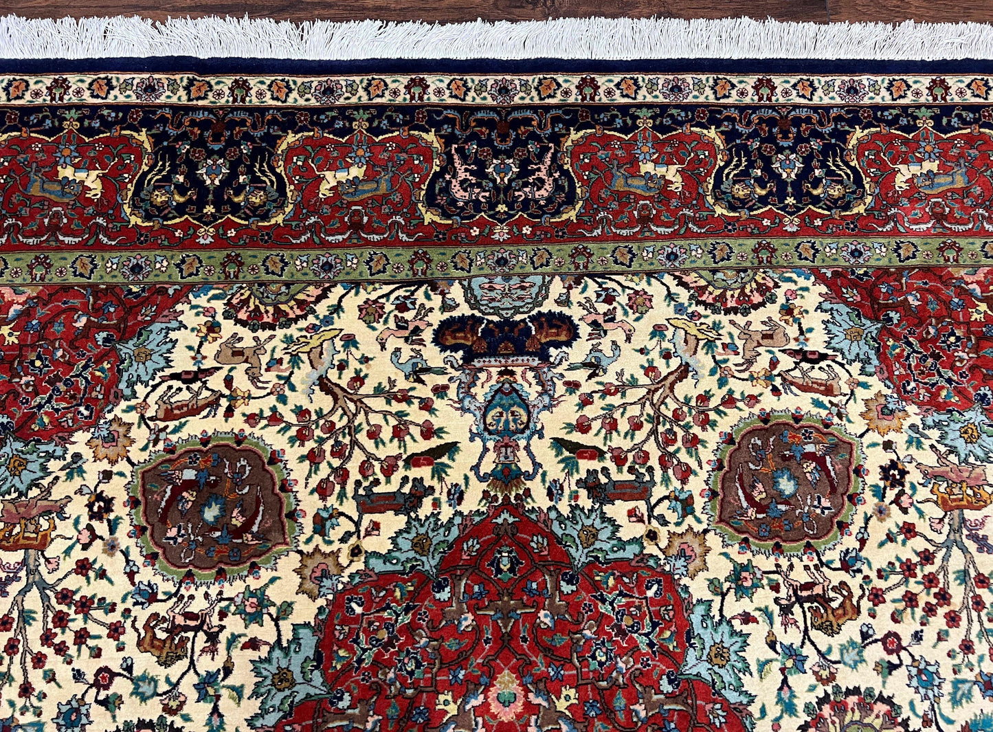 Wonderful Sino Persian Rug 6x10 with Animal Pictorial Motifs, Cream Dark Red Navy Blue, Birds Gazelles, Two Medallions, Top Quality Handmade