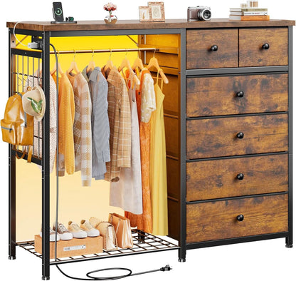 49 Inch Rustic Brown Dresser With Clothes Rack LED Lights