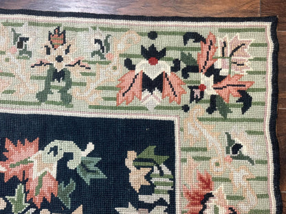 Vintage American Needlepoint Rug 4x6, Dark Green, Wool, Handmade, Flatweave Carpet