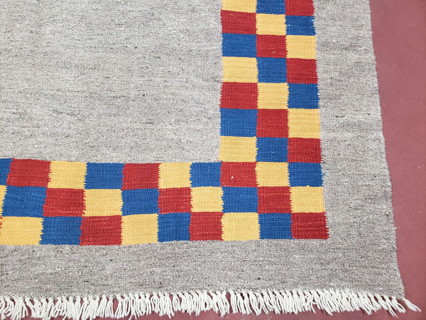 New Turkish Kilim Area Rug, Gray Carpet With Colorful Checker Border, 5'6" x 8", Flatweave Carpet, Playroom Rug, Kids Room Rug, Hand-Knotted