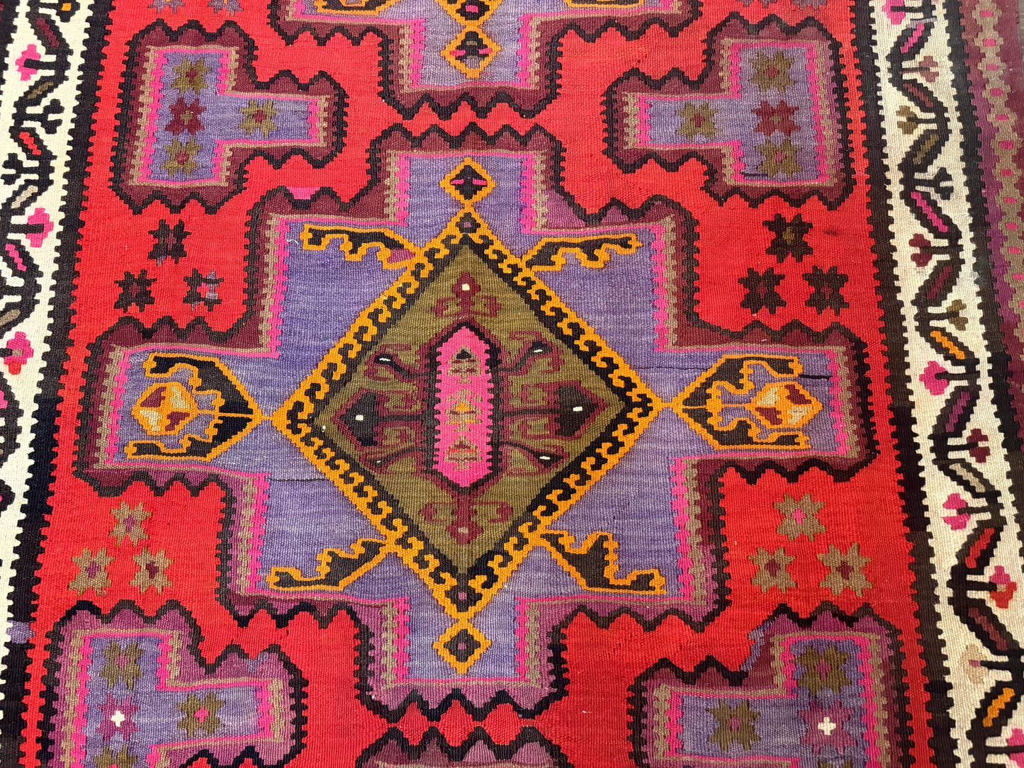Persian Kurdish Zarand Kilim Rug 5x9, Red, Geometric Medallions, Wide Runner