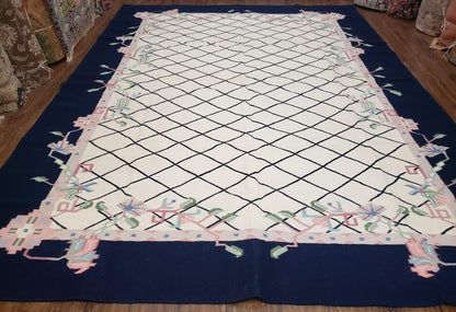 Vintage Dhurrie Rug, Indian Dhurrie 8x11 - 9x11, Wool Hand-Woven Ivory & Black Indo Carpet, Large Flat Weave Rug Living Room Rug Black White