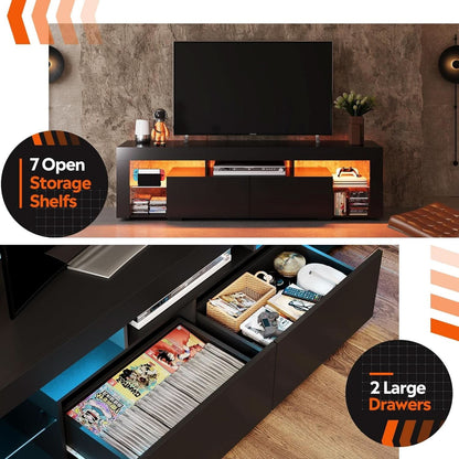 63 Inch Black LED TV Stand With 2 Drawers For Living Room