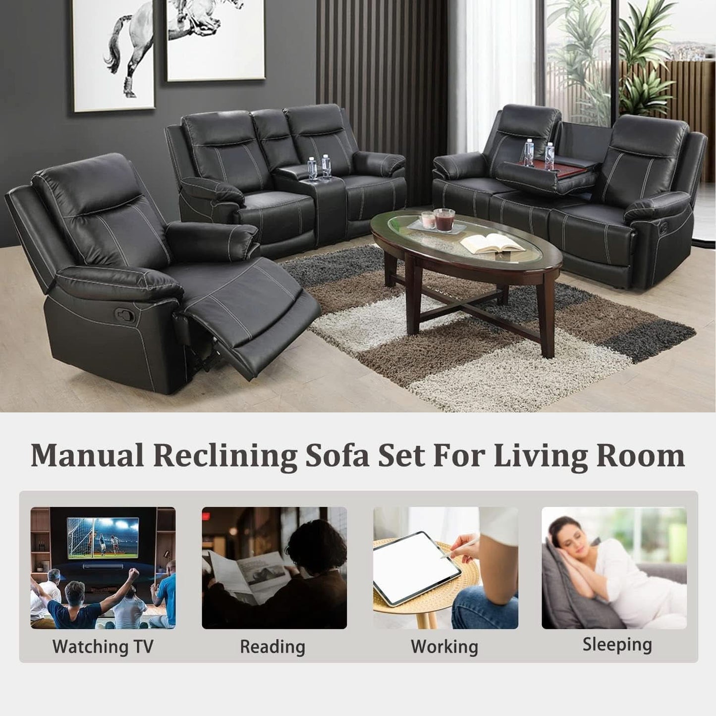 Manual Recliner Sofa Set Black Bonded Leather Cup Holders