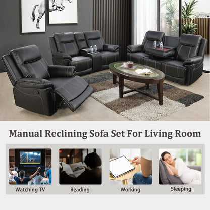 Manual Recliner Sofa Set Black Bonded Leather Cup Holders