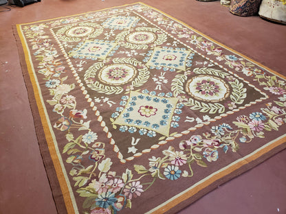 Aubusson Rug 6 x 9 Flat Weave Area Carpet European Design Flowers New Brown Rug Handmade Wool Hand-Knotted Aubusson Weave Medium Rug 6x9
