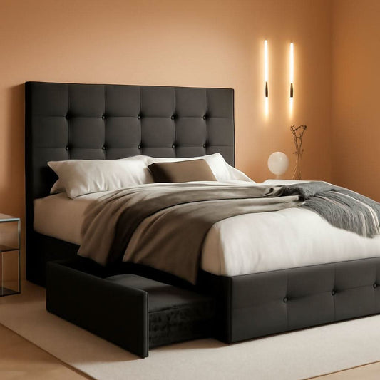 Upholstered Queen Platform Bed Frame With 4 Storage Drawers