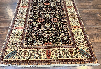 Indo Persian Rug 5x15, Wide Runner Rug 5 x 15 ft, Wool Hand Knotted Vintage Carpet, Black & Cream, Floral Allover Long Oriental Rug