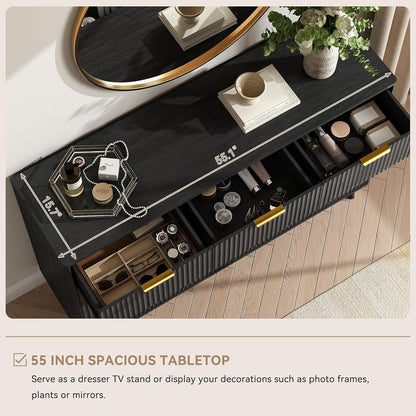 Fluted Nine Drawer Dresser 55 Inch Matte Black With Gold Handles