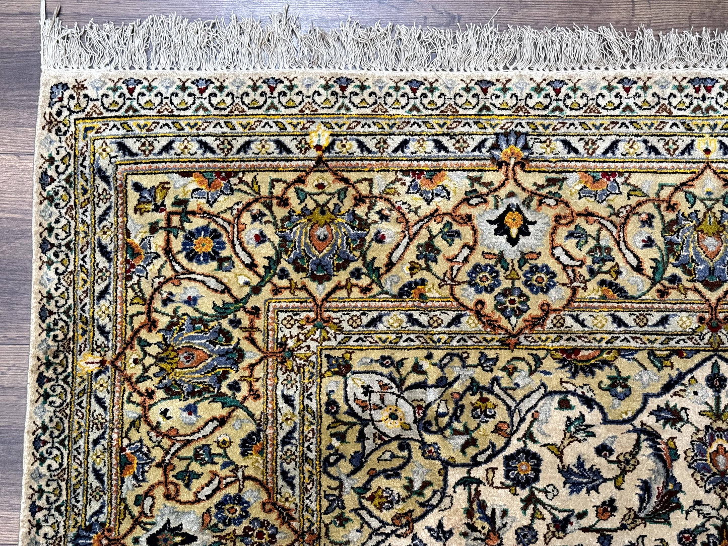 Rare Silk Persian Kashan Rug 4.6 x 7, Antique Fine 310 KPSI, Ivory