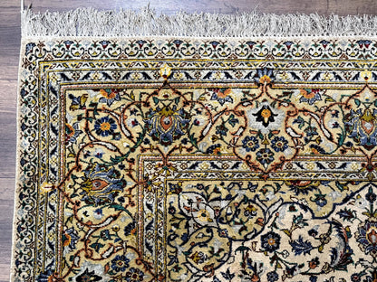 Rare Silk Persian Kashan Rug 4.6 x 7, Antique Fine 310 KPSI, Ivory