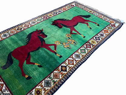 4 X 7 Handmade Rug Zagros Quality Wool Pictorial Horses Green Butterfly Colorful