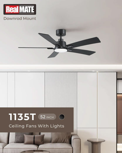 52 Inch Ceiling Fan With Lights Remote Black 5 Blade
