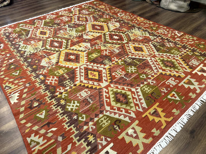 Turkish Kilim Rug 8x10, Geometric Design, Large Kilim Carpet