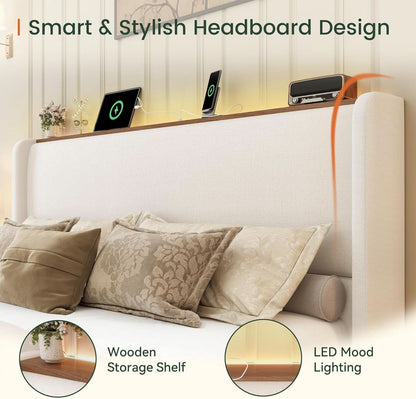 Queen Size Upholstered Bed Frame With LED Lights And USB