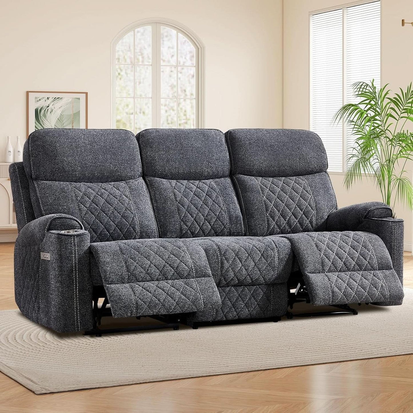 Grey Fabric 3-Seater Electric Recliner Sofa with Cup Holders