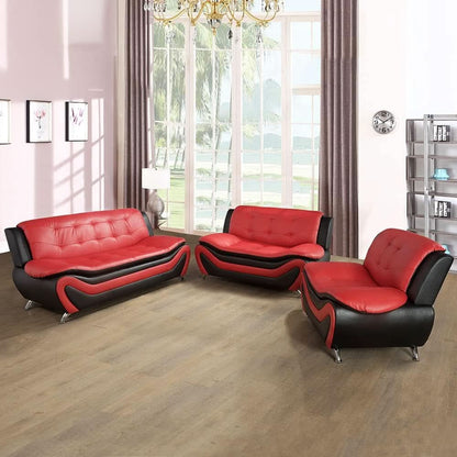 Living Room Sofa Set 3-Piece Faux Leather Black Red