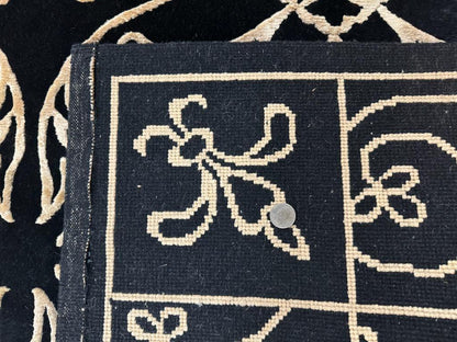 Tibetan Rug 8x10, Wool and Silk, Raised Pattern, Black and Gold, Floral