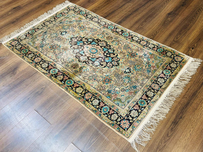 Indian Kashmiri Silk Rug 3x5, Floral Medallion, Fine 200 KPSI