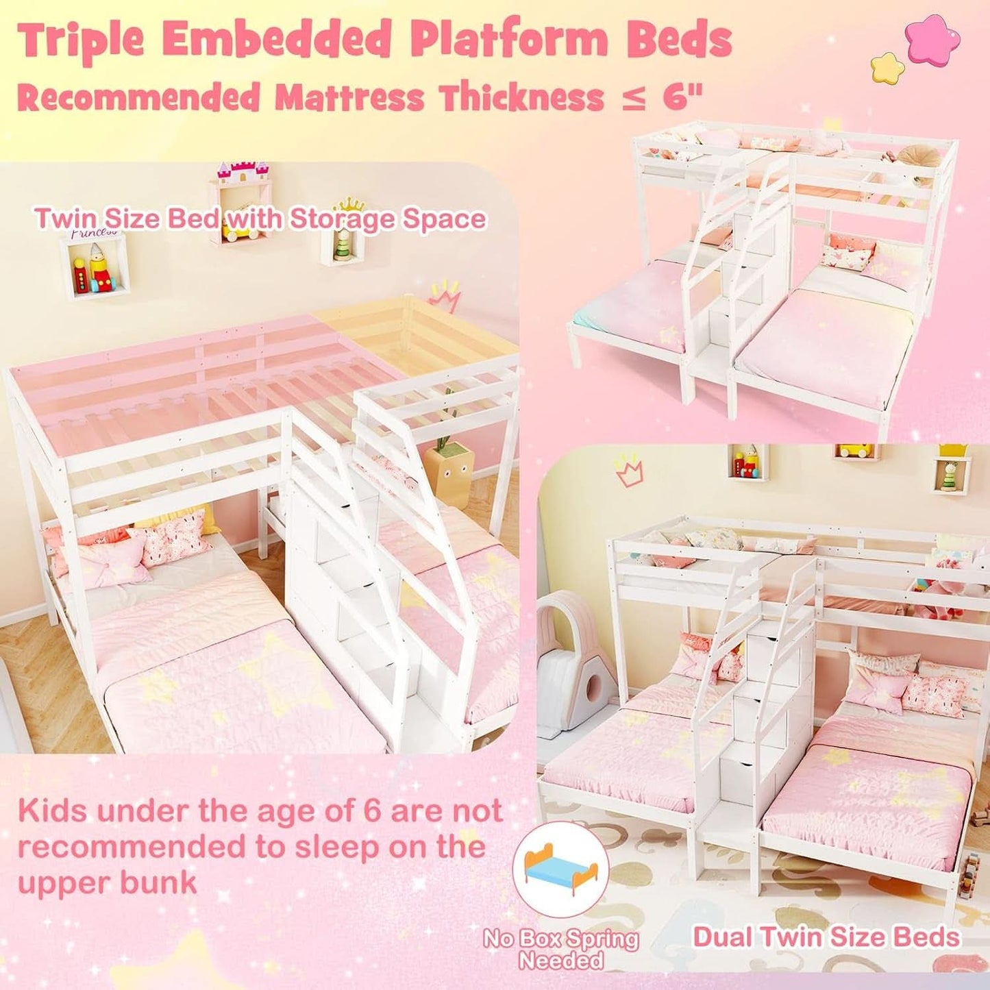 White Solid Wood Triple Bunk Bed With Storage Stair