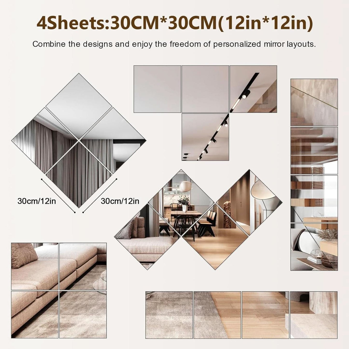 Set Of 4 12x12 Inch Acrylic Mirror Tiles For Wall Decor