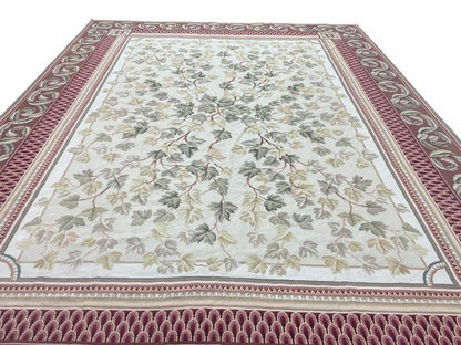 Traditional Aubusson Needlepoint Rug 9 x 12, Flowers, Flatweave Carpet, Hand-Knotted, Brand New, Cream Color, Green, Maroon Red, Wool