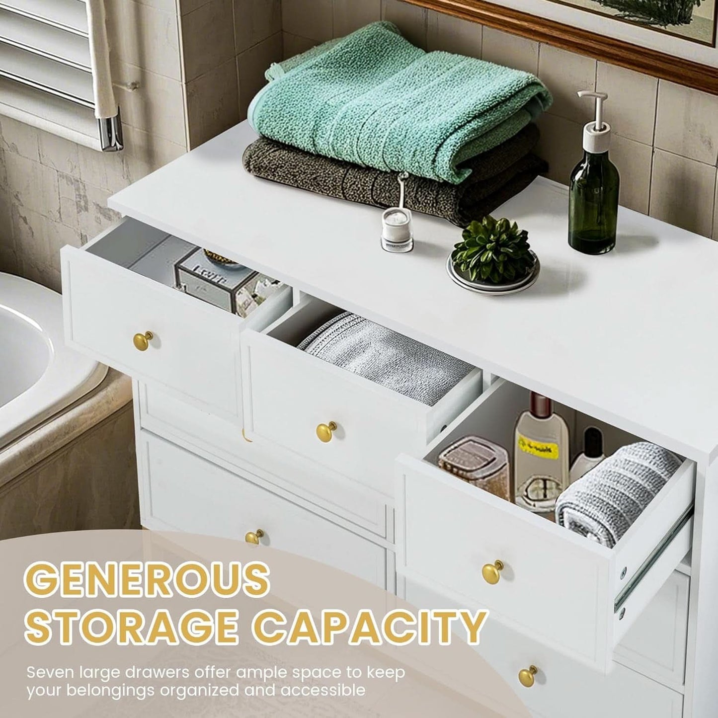 White 47 Inch 7 Drawer Dresser With Deep Drawers Storage