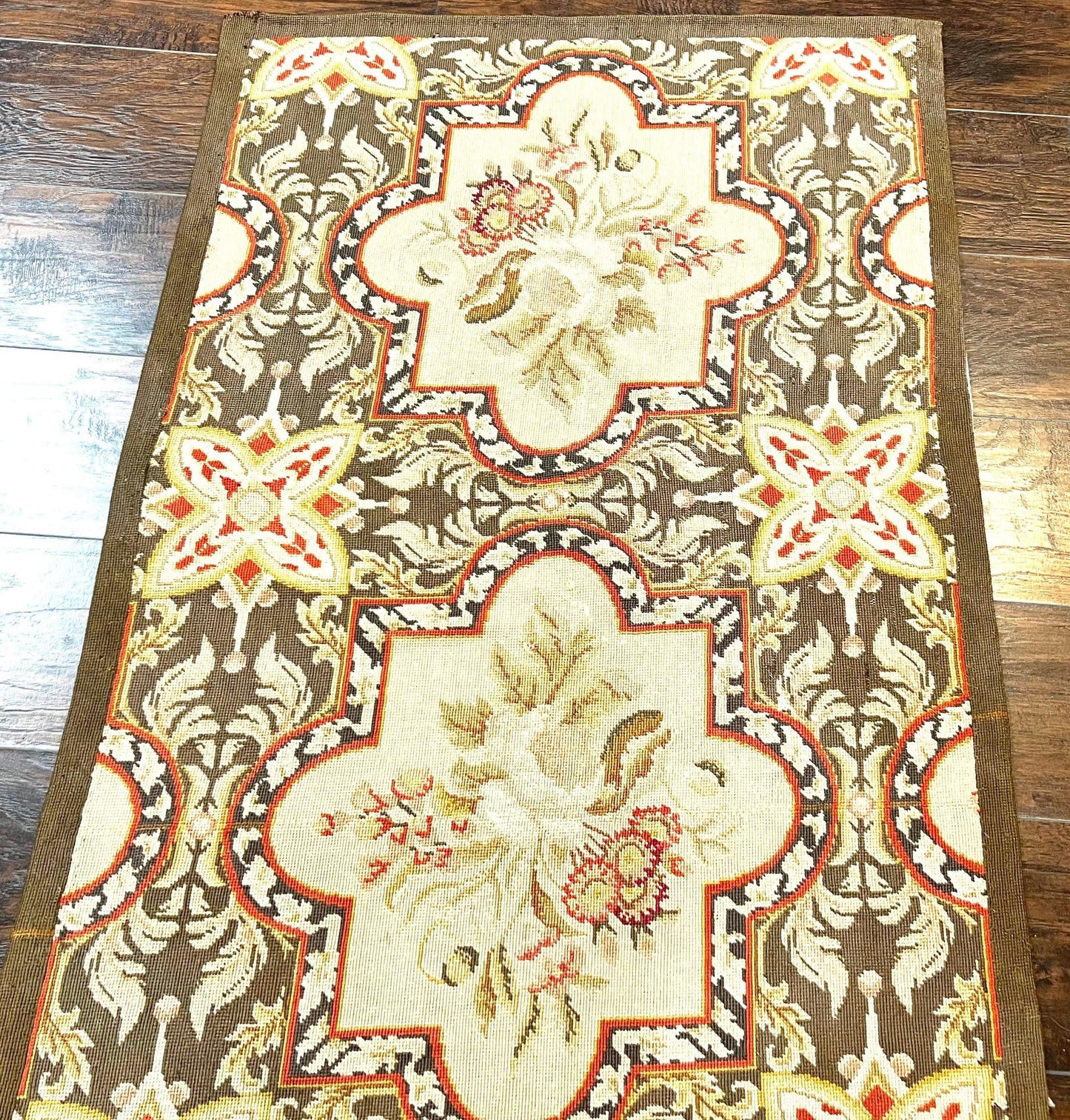 Needlepoint Runner Rug 2.8 x 9.8, Brown and Beige, Handwoven Handmade Floral French European Design, Vintage Flatweave 10ft Wool Runner Rug