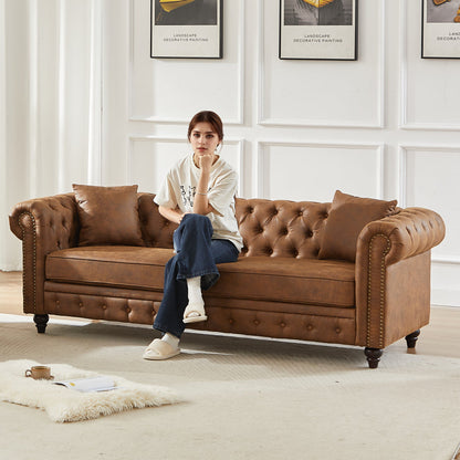 85.5" Chesterfield Sofa 3-Seater | Tech Fabric with Button Tufting, Rolled Arms & Wood Legs — Brown / Black