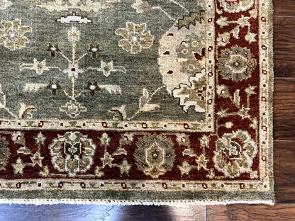 Indo Oushak Rug 4x6, Green and Maroon, Vintage Wool Floral Rug, Indian Agra Rug