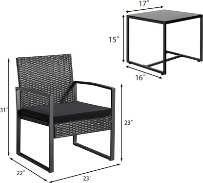 3 Piece Wicker Conversation Bistro Set Outdoor Patio Furniture Black Rattan Chairs Coffee Table For Garden Lawn Porch