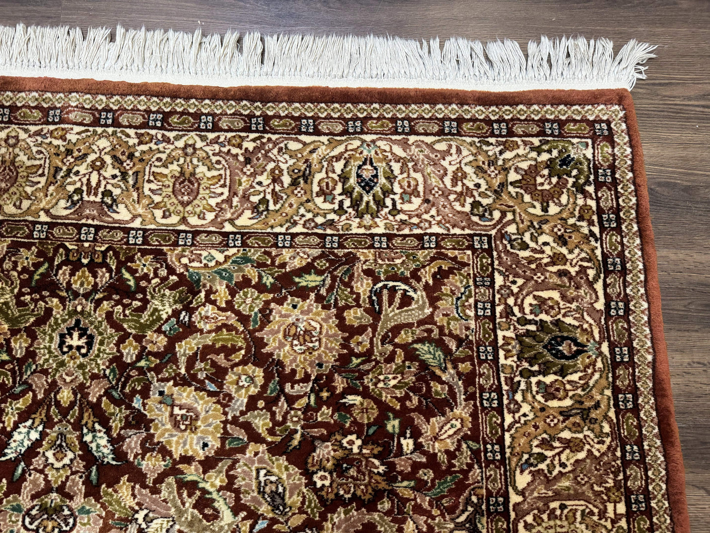 Tree of Life Indian Kashmiri Rug 6x9, Rust Red and Cream, Animal Pictorials, Fine 290 KPSI