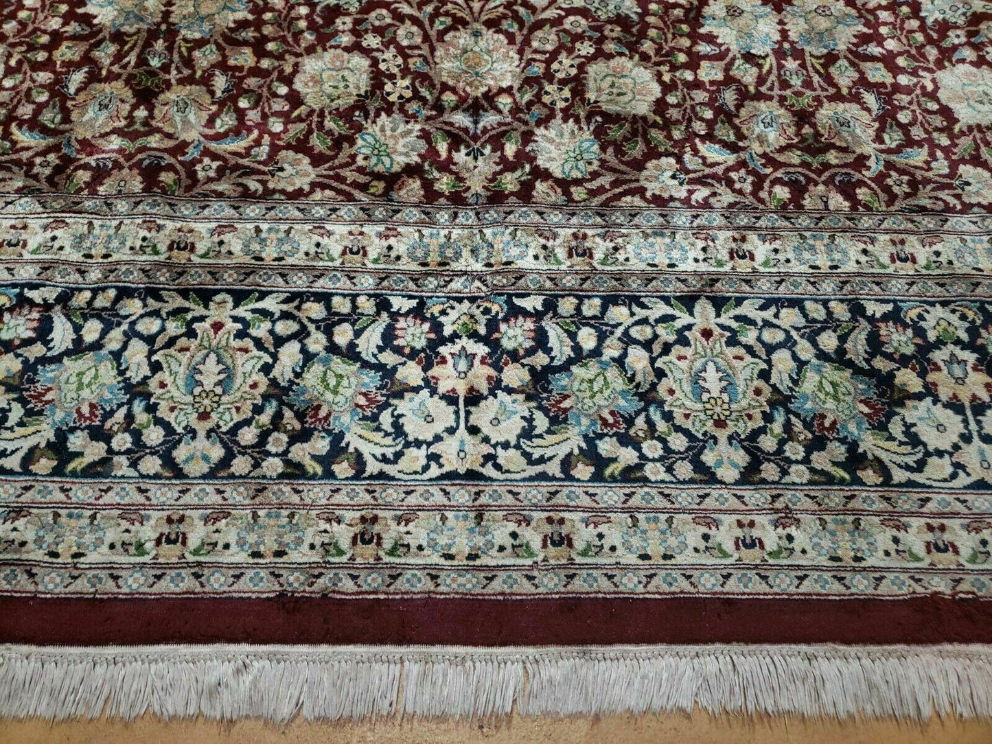 Persian Rug 9x12, Floral Allover, Very Fine, Handmade, Room Sized Oriental Carpet, Sino Persian, Maroon and Navy Blue