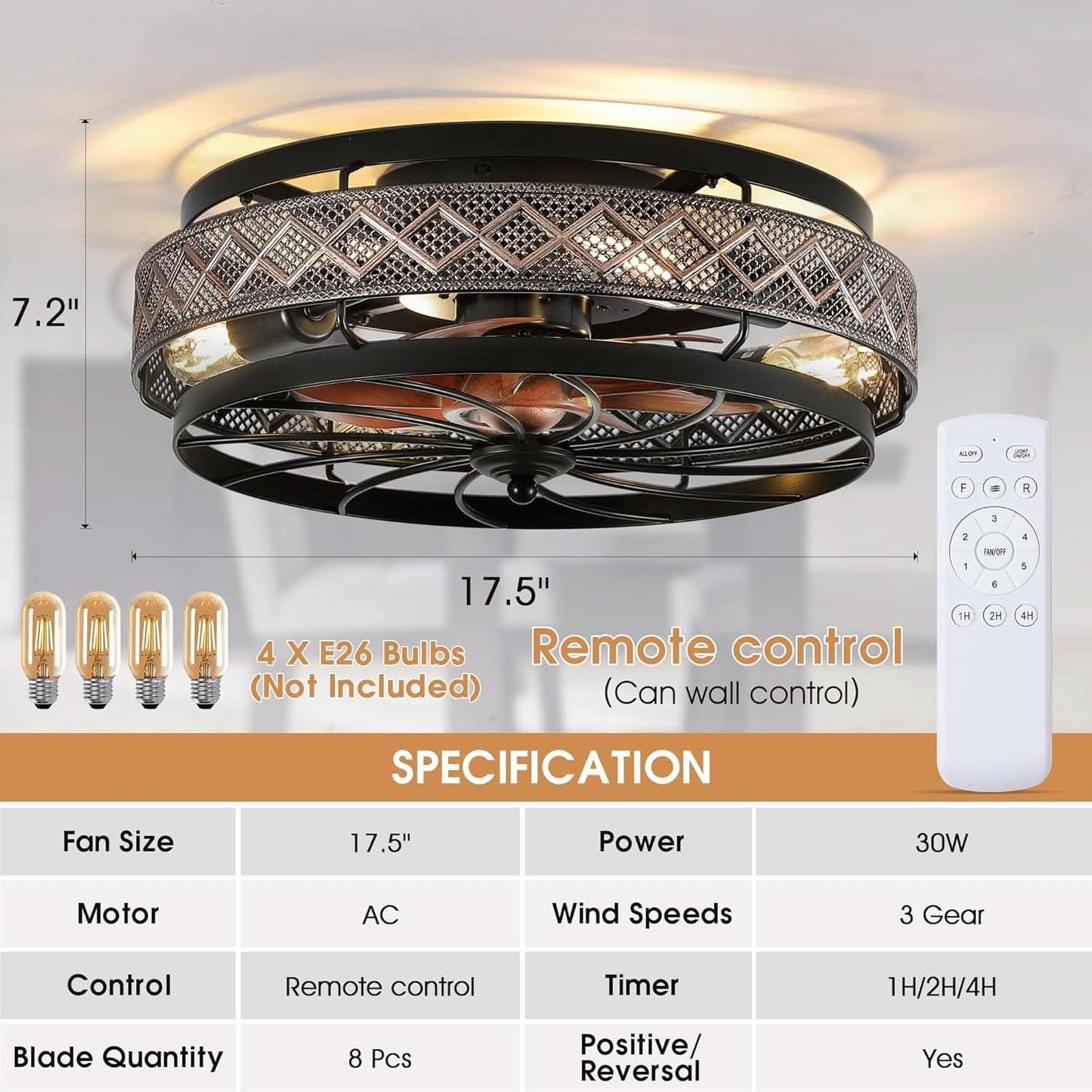 18 Inch Industrial Caged Ceiling Fan With Light Remote