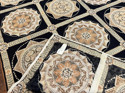 Needlepoint Rug 8x10, Black Tan Beige, Panel Design, Wool Handwoven Handmade Flatweave Needlepoint Carpet, Vintage French European Rug